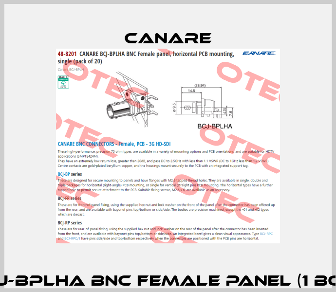 CANARE BCJ-BPLHA BNC Female panel (1 box= 20 pcs)  Canare