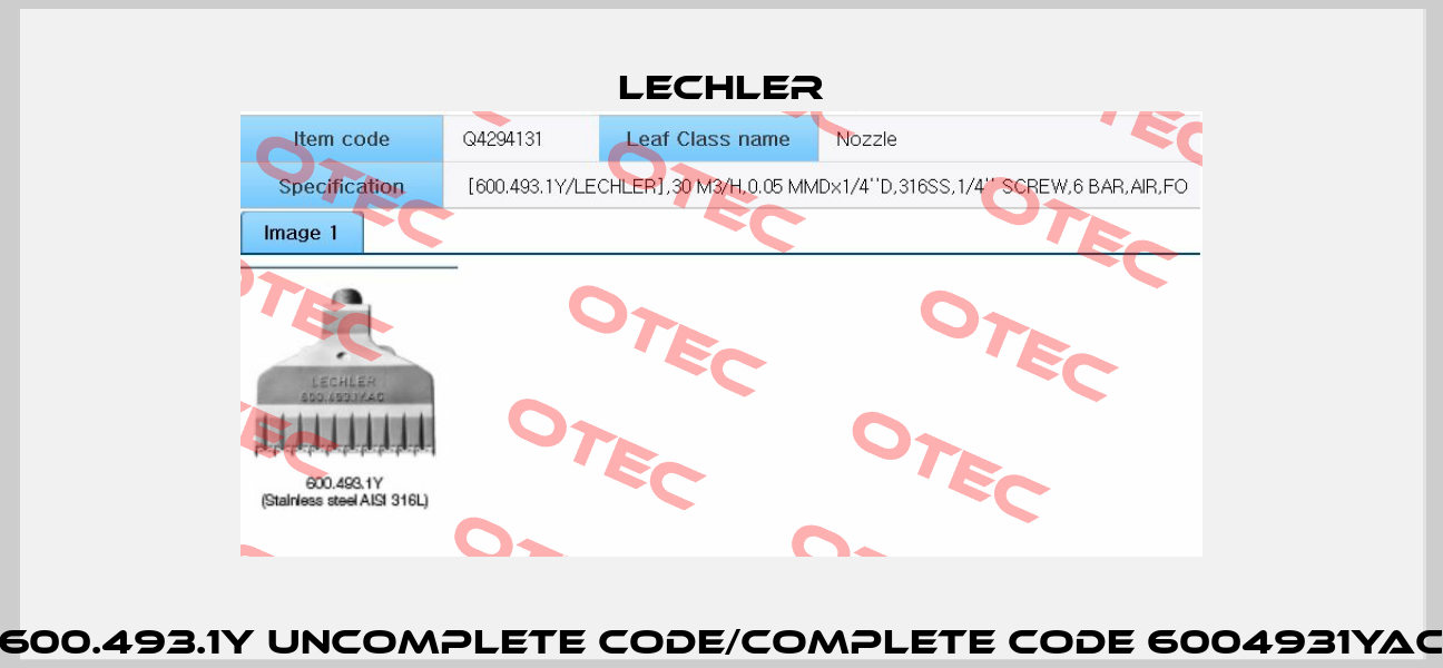 600.493.1Y uncomplete code/complete code 6004931YAC Lechler